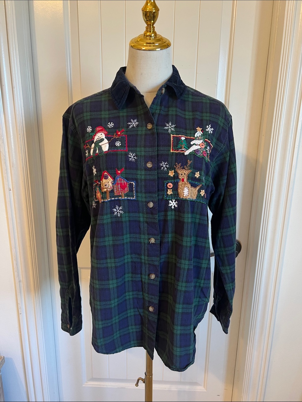 Plaid Button-Down Shirt with Holiday Embroidery - Navy/Green